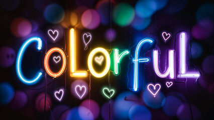 Mesmerizing and vibrant colorful neon lights forming the word 'Colorful' with long exposure bokeh and artistic typography concept with copy space for extra phrases.