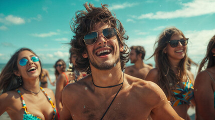 Young happy smiling man in the center. Girls and boys having fun on the sea beach. The pleasure of relaxation and vacation. A group of people on a beach party, with the sky in the background - Powered by Adobe