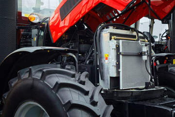 Open hood of an agricultural tractor.