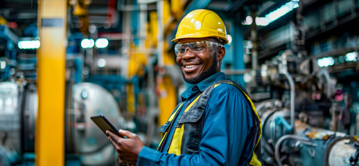 Smiling technician with digital tablet at industrial facility
