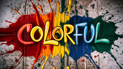 Mesmerizing and vibrant colorful paint splash forming the word 'Colorful' The splash is a swirling flowing rainbow of liquid hues and artistic typography concept with copy space for extra phrases.