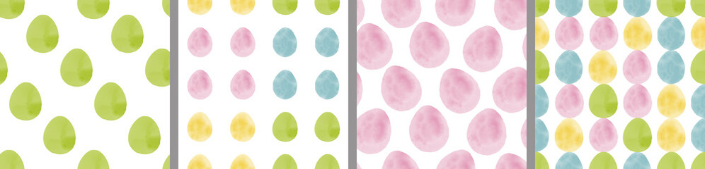 Watercolor set of seamless patterns. Collection of hand drawn pastel Easter eggs