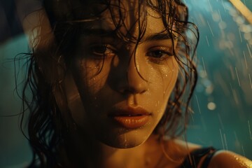 Close-up of a woman's face during a rain shower, capturing raw emotion and the beauty of vulnerability.

