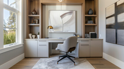 A home office with a built-in desk featuring hidden storage compartments. A comfortable ergonomic chair and modern artwork on the wall create a stylish and functional workspace