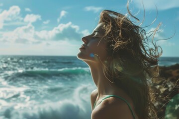 Woman standing on rock with open arms in the sea- happiness, vacation, freedom concept. Beautiful simple AI generated image in 4K, unique.