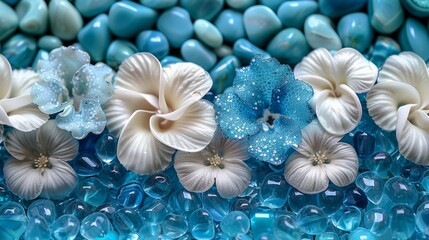 White and blue fantasy flowers aligned on blue beads, gravels, stones. Welcoming summer, vacation, travel.