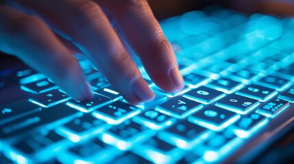 Close-up of hands typing on a laptop keyboard in blue light