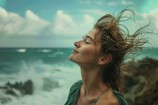 Woman standing on rock with open arms in the sea- happiness, vacation, freedom concept. Beautiful simple AI generated image in 4K, unique.