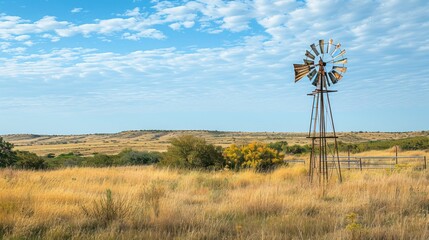Antique windmill on a ranch. Copy Space