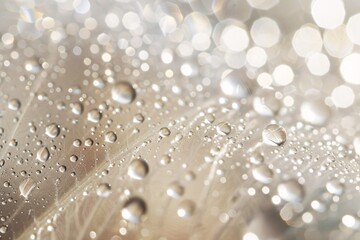 Fototapeta premium Close-up of water droplets on a feather, illuminated by soft light creating a bokeh effect. Abstract background. 