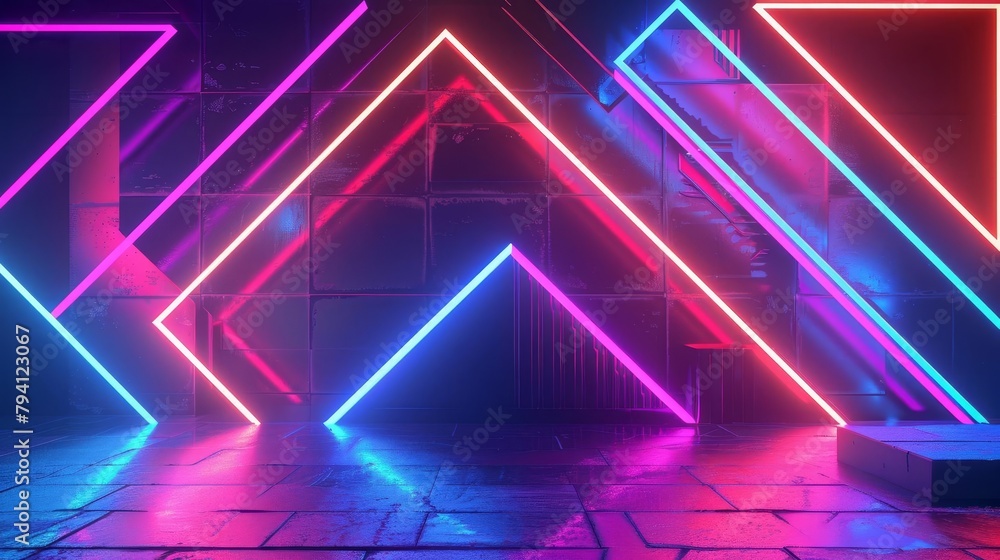 Poster abstract 3d render futuristic geometric shapes and lines neon colors on dark background