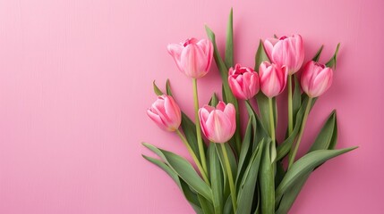 Tulip bouquet on a pink backdrop Festive floral arrangement