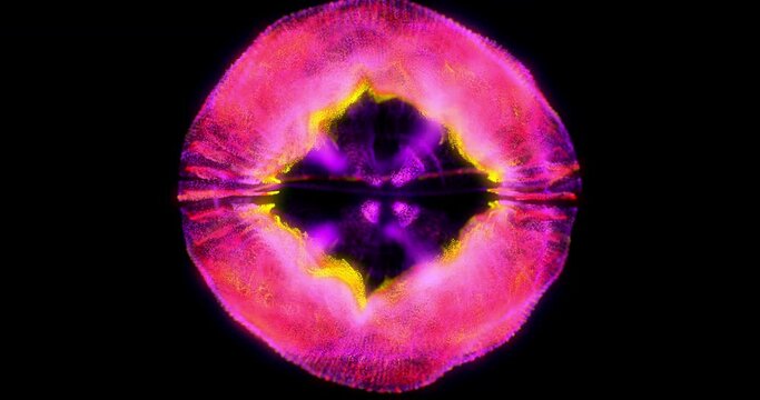 Multi-colored glow particles form a circle and zoom in to dark center. 3D futuristic abstract animation on a black background perfect for your logo