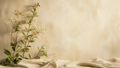 Empty display scene presentation for product placement with flowers and leaves is placed on a piece of cloth, adding a touch of nature to the landscape