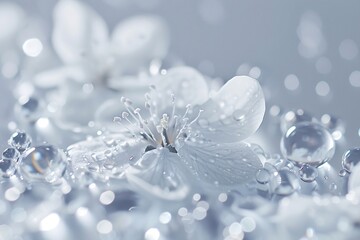 Abstract background. Close-up of a delicate white flower with droplets creating a dreamy, shimmering effect.