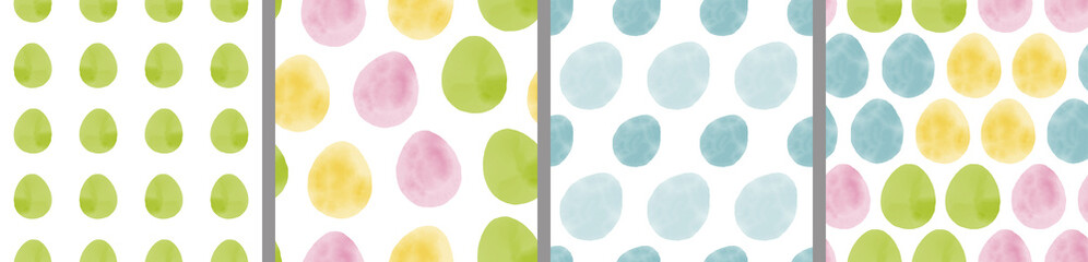 Watercolor set of seamless patterns. Collection of hand drawn pastel Easter eggs