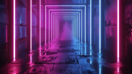 abstract neon background with ascending pink and blue glowing laser lines 3d illustration