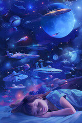 Young girl asleep with a dream of space travel and starships around planets