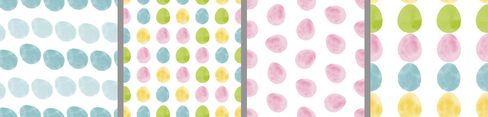Watercolor set of seamless patterns. Collection of hand drawn pastel Easter eggs