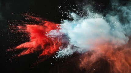 red and white explosion of dust and debris. The red and white colors are vibrant and eye-catching, creating a sense of energy and excitement. The image is dynamic and full of movement, as the dust - obrazy, fototapety, plakaty