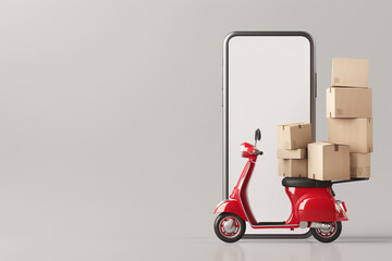 Fast delivery and Online shopping concept with a scooter and stacked packages framed by a smartphone interface for e-commerce efficiency.