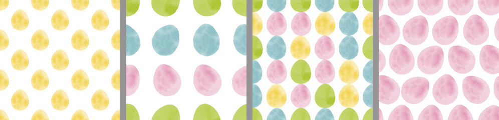 Watercolor set of seamless patterns. Collection of hand drawn pastel Easter eggs