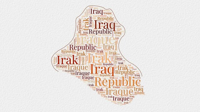 Republic of Iraq logo animation. Republic of Iraq boundary word cloud animation. Video of country names in multiple languages popping out on paper style background.