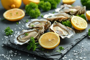 Opened oysters, ice and lemon on stone table. Half dozen. Top view with copy space
