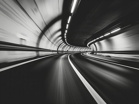 black and white motion blur photo of highway tunnel, speed effect