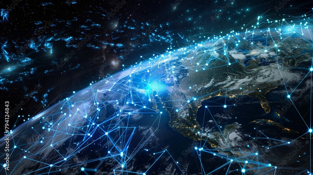 Fototapete planet with a network of lines connecting it to other planets. connections system and global datas e