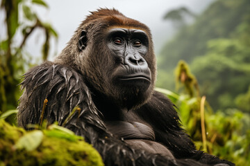 Lone mountain gorilla gazing thoughtfully into the distance in its lush jungle habitat