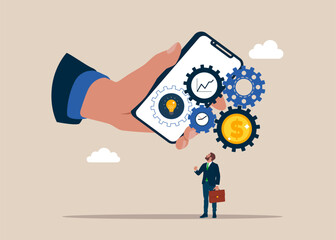 Phone with gear system move. Optimize cost and expense for better profit strategy. Modern vector illustration in flat style