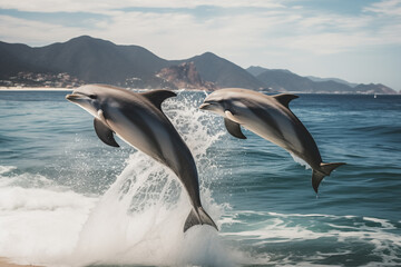 Playful dolphins leaping joyfully in the ocean waves
