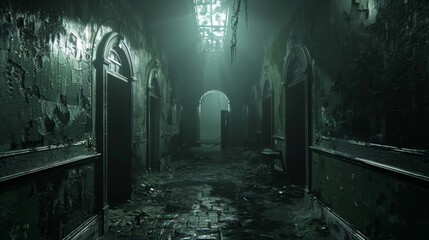 A chilling survival horror scene set in an abandoned asylum, with a raw and intense feel. The atmosphere is eerie and unsettling, creating a sense of dread. - obrazy, fototapety, plakaty