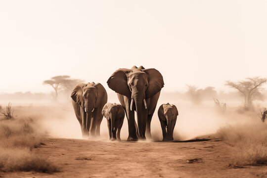 Family of elephants crossing a dusty African plain