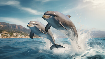 Joyful Dolphins Jumping Before Mountainous Seaside Town