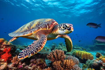 Majestic green turtles gracefully swimming through crystal-clear ocean waters, surrounded by vibrant coral reefs