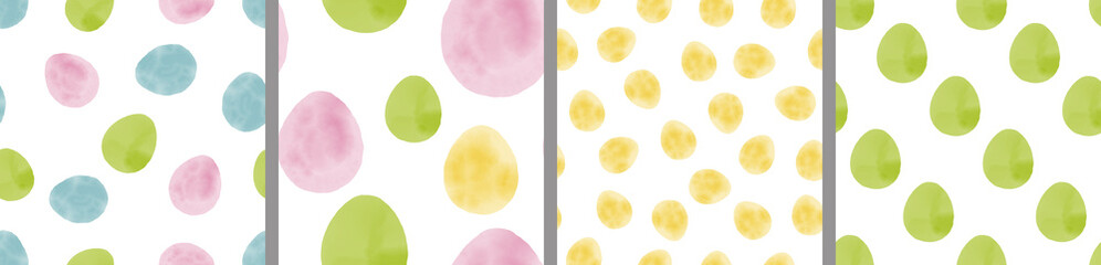 Watercolor set of seamless patterns. Collection of hand drawn pastel Easter eggs