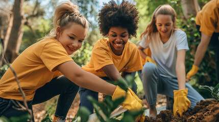 Friends volunteering together for a community service project. Happiness, love, respect for each other, harmony