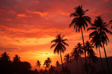 Fototapeta na wymiar Towering palm trees silhouetted against a fiery sunset in the tropical rainforest