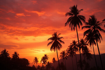 Obraz premium Towering palm trees silhouetted against a fiery sunset in the tropical rainforest