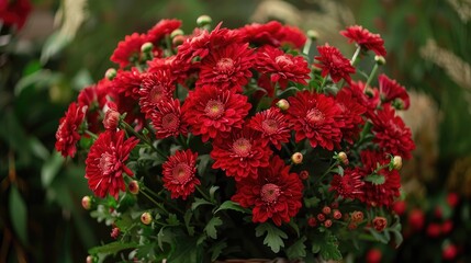 Fototapeta premium Congratulatory and festive arrangement of lovely red chrysanthemums