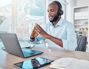 Black man, headphones and video call on laptop in office, remote meeting and virtual conference. Person, talking and internet or online app for conversation, company seminar and speaking to contact - obrazy, fototapety, plakaty