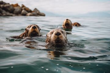 Fototapeta premium Group of playful sea otters floating on their backs in a calm coastal inlet