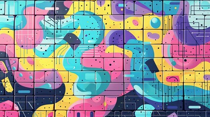 A colorful, abstract graffiti mural covers a wall with a vibrant combination of shapes and lines