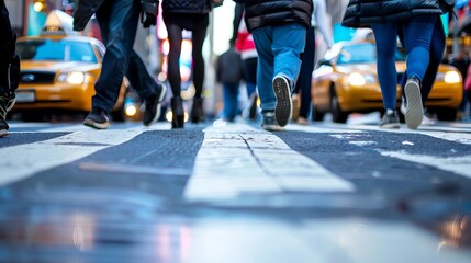busy new york city street scene with peoples legs crossing pedestrian crossing - obrazy, fototapety, plakaty
