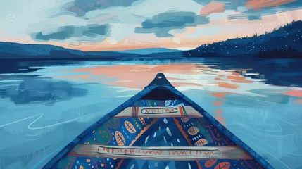 Muurstickers Kayaking on a quiet lake at dawn, waters calm, paddling to inner peace  169 © Jiraphiphat