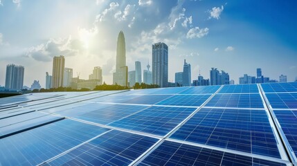 solar panels with cityscape of modern city, solar, renewable, power, electricity, skyline, alternative, energy, green and clean energy