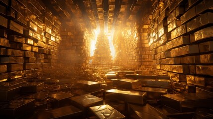 A vault filled with stacks of gold bars - obrazy, fototapety, plakaty