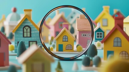 colorful mini houses seen through magnifying glass real estate search concept illustration - obrazy, fototapety, plakaty